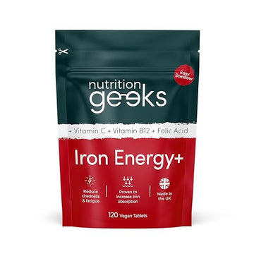Iron Tablets High Strength Tablets with Vitamin C, B12 & Folic Acid - 120 Vegan Supplement Nutrition Geeks uk supplements