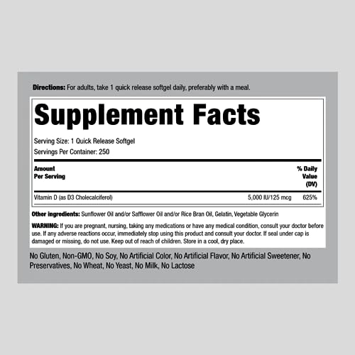 Piping Rock Vitamin D3 5000 IU | 250 Softgels | High Potency Supplement | Non-GMO Piping Rock uk supplements