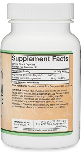 Magnesium L Threonate Capsules (Magtein) – High Absorption Supplement – Bioavailable Double Wood Supplements uk supplements
