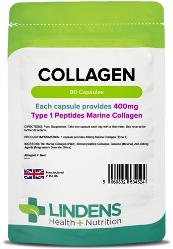 Lindens Collagen (Marine) 400mg Capsules - 90 Pack - Marine Source Hydrolysed Collagen Lindens uk supplements