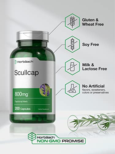 Scullcap Capsules | 800 mg | 200 Count | Max Potency, Value Size | Non-GMO and Gluten Horbäach uk supplements