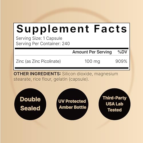High Potency Zinc Picolinate 100mg - 240 Capsules, Bioavailable Form of Zinc NatureBell uk supplements