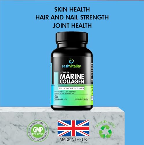 Marine Collagen Supplements - 90 Capsules with Vitamin C, Vitamin E, Hyaluronic Acid, Aloe Vera, Turmeric SASH Vitality uk supplements
