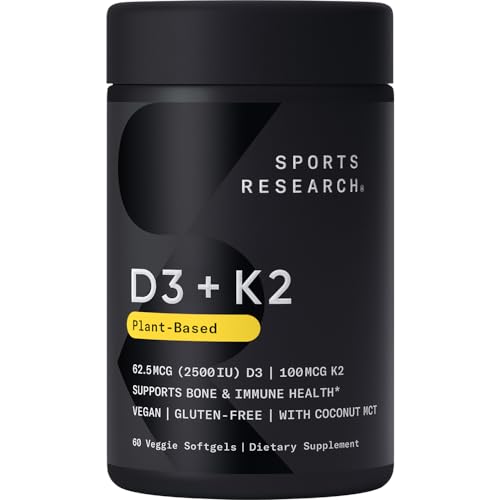 Sports Research Vitamin D3 K2 with Coconut MCT Oil | Vegan D3 2500iu (62.5mcg) Sports Research uk supplements