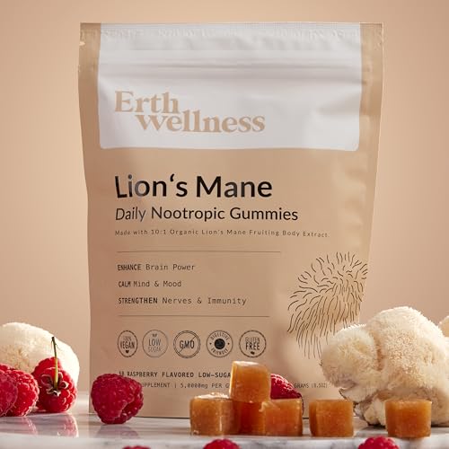 Erth Wellness Lion’s Mane Mushroom Gummies – 10,000mg Fruiting Body Extract per Serving – Brain & Focus Support – Daily Nootropic – Vegan, Low Sugar, Non-GMO – 60 Ct Erth Wellness uk supplements