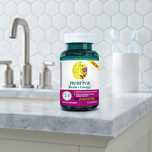 NEURIVA Brain + Energy Gummies, Nootropic Brain Supplements for Focus and Concentration with Neurofactor, Vitamin B12 & Caffeine for an Energy Boost*, 75ct Natural BlackBerry NEURIVA uk supplements