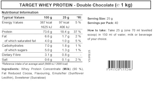 Whey Protein Powder | Double Chocolate | Target Whey Protein by ROS Nutrition | 1 Kg | 40 Servings | ROS Nutrition uk supplements