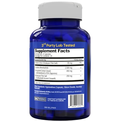 Creatine Monohydrate - 2500mg Creatine Pills - 450mg Fenugreek Extract & 250mg Himalayan Pink Salt - Supports Brain Health, Endurance & Muscle Building - Advanced Absorption Formula - 120 Capsules NATURAL STACKS uk supplements