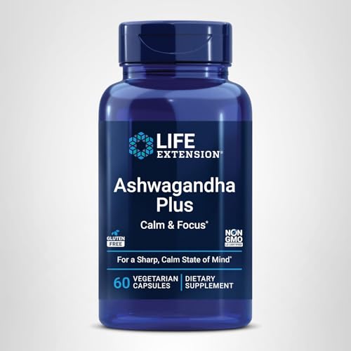 Life Extension Ashwagandha Plus Calm & Focus, ashwagandha Extract, Spearmint Extract, Focus, Attention, Relaxation, Advanced Formula, 60 Vegetarian Capsules Life Extension uk supplements