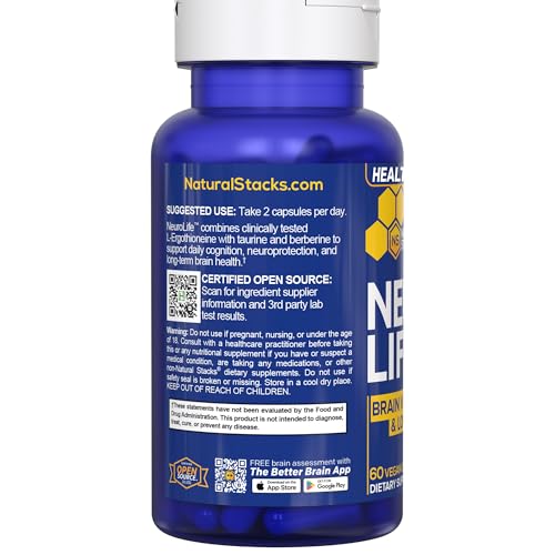 NeuroLife Longevity Supplement - 500mg Taurine & 400mg Berberine Supplement - Clinically Tested MitoPrime L-Ergothioneine - Brain Support for Cognitive Vitality - 60 Berberine Capsules NATURAL STACKS uk supplements