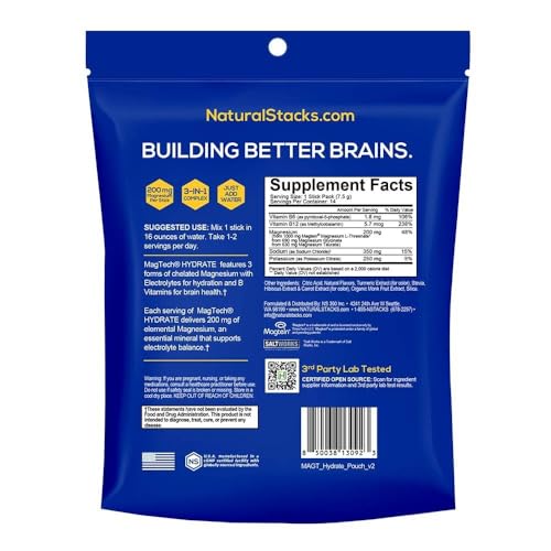 MagTech Magnesium Hydrate Packets - Sugar Free Hydration Powder - Magtein Magnesium L-Threonate, Glycinate & Taurate - 200mg Chelated Triple Complex - Supports Hydration & Brain Health* - 14 Servings NATURAL STACKS uk supplements