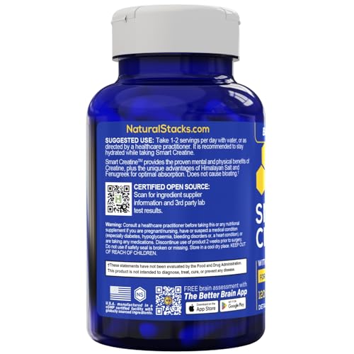 Creatine Monohydrate - 2500mg Creatine Pills - 450mg Fenugreek Extract & 250mg Himalayan Pink Salt - Supports Brain Health, Endurance & Muscle Building - Advanced Absorption Formula - 120 Capsules NATURAL STACKS uk supplements