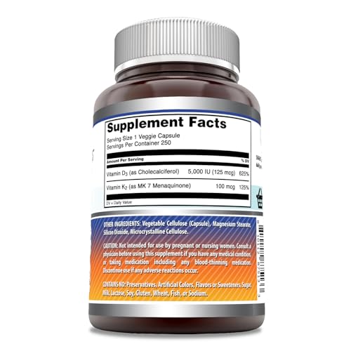 Amazing Formulas Vitamin D3 5000 IU with Vitamin K2 100 Mcg| 250 Veggie Capsules Amazing Nutrition uk supplements