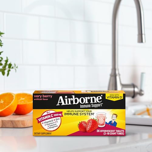 Vitamin C 1000mg (per serving) - Airborne Very Berry Effervescent Tablets (36 count in a box), Gluten-Free Immune Support Supplement, With Vitamins A C E, ZINC, Selenium, Echinacea & Ginger Airborne uk supplements