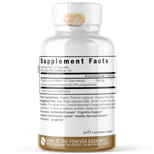 Nutri Organic Lions Mane Supplement Capsules - 1900 mg, 10:1 Dual Extraction, 120 Count Nature's Fusions uk supplements
