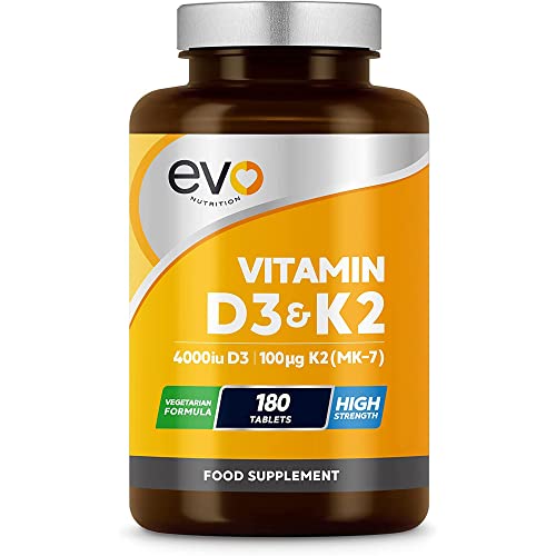 Vitamin D3 4000iu & Vitamin K2 100ug (MK7) |180 Vegetarian Tablets | 1-A-Day | 6 Month EVO NUTRITION uk supplements