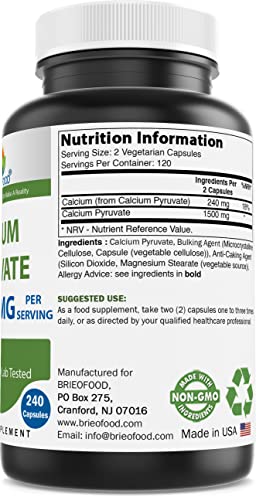 Brieofood Calcium Pyruvate 1500mg per Serving - 240 Vegetarian Capsules Brieofood uk supplements