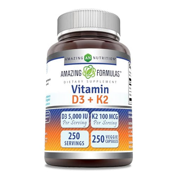 Amazing Formulas Vitamin D3 5000 IU with Vitamin K2 100 Mcg| 250 Veggie Capsules Amazing Nutrition uk supplements