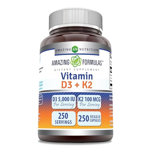 Amazing Formulas Vitamin D3 5000 IU with Vitamin K2 100 Mcg| 250 Veggie Capsules Amazing Nutrition uk supplements