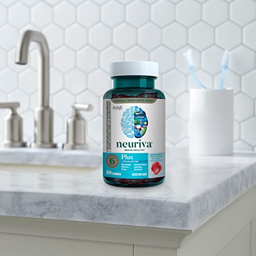 NEURIVA Plus Decaffeinated Nootropic Brain Supplement for Memory, Focus & Concentration & Cognitive Function, Clinically Tested NeuroFactor, Phosphatidylserine, Vitamins B6 B12,50ct Strawberry Gummies NEURIVA uk supplements