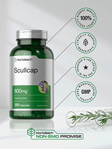 Scullcap Capsules | 800 mg | 200 Count | Max Potency, Value Size | Non-GMO and Gluten Horbäach uk supplements