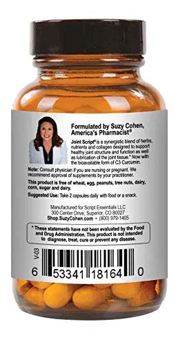Suzy Cohen Joint Script Joint Support Supplement with Hyaluronic Acid, C3 Curcumin Turmeric Extract, MSM, Collagen Peptides, Ginger, and Boswellia for Maximum Flexibility, Tendon and Cartilage Health Script Essentials uk supplements