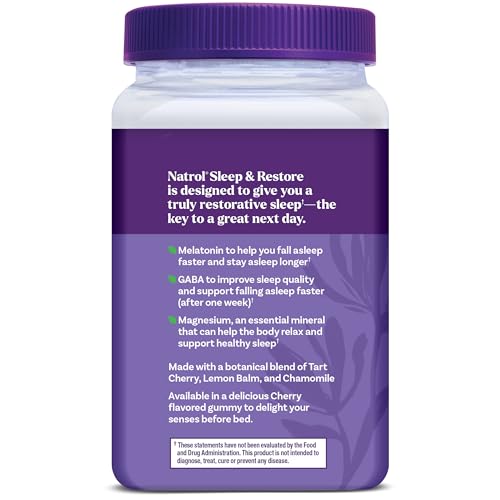 Natrol Sleep + Restore Magnesium Glycinate Blend Gummies with Melatonin 5mg - Calm Magnesium with GABA, Botanical Blend, Cherry Flavor, 60 Gummies Natrol uk supplements