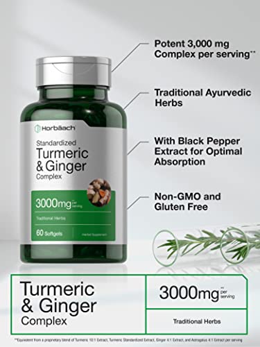 Turmeric and Ginger Supplement 3000 mg | 60 Softgel Capsules | Turmeric Curcumin Complex Horbäach uk supplements