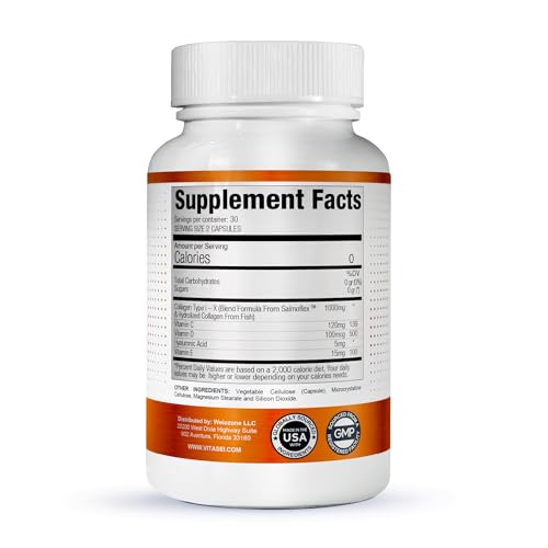 VITASEI Salmoflex Marine Collagen Peptides Pills W/Hyaluronic Acid, Vitamin C, D, E | Salmon Supplements - Hair, Skin, Nails | Multivitamin for Women & Men | Knee, Joint Relief - 60 Capsules VITASEI uk supplements