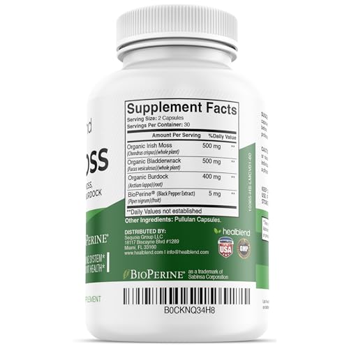 healblend Organic Irish Moss, Bladderwrack, Burdock, & BioPerine - 1405mg with Black Pepper healblend uk supplements