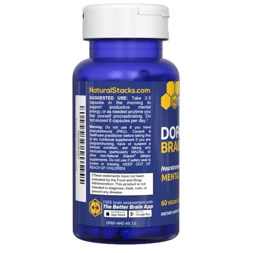NATURAL STACKS Dopamine Brain Food - 650mg L-Tyrosine Supplement - Dopamine Supplement for Focus & Mental Drive - Supports Mental Energy - Neurotransmitter Support with B Vitamins - 60 Capsules NATURAL STACKS uk supplements