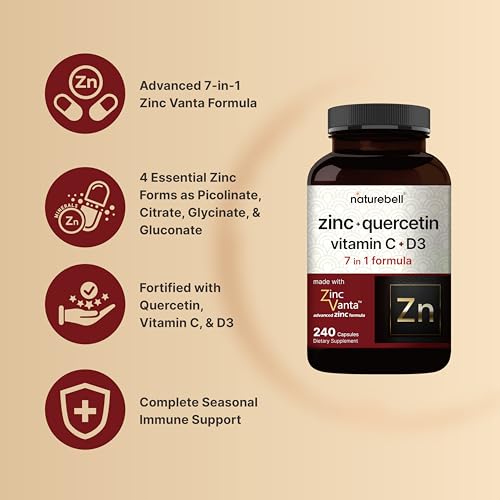 NatureBell Zinc Quercetin with Vitamin C & D3, 240 Capsules | Quercetin 1,000mg, 4 in 1 Zinc 50mg, Vitamin C 250mg, Vitamin D3 5,000 IU – ZincVanta Advanced Immune Defense & Lung Support NatureBell uk supplements