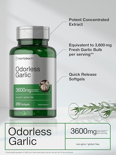 Odorless Garlic Softgels | 250 Count | Ultra Potent Garlic Extract | Non-GMO & Gluten Free Horbäach uk supplements