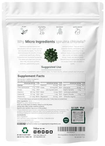 Organic Chlorella Spirulina Tablets, 3000mg Per Serving, 720 Counts, 4 Months Supply Micro Ingredients uk supplements