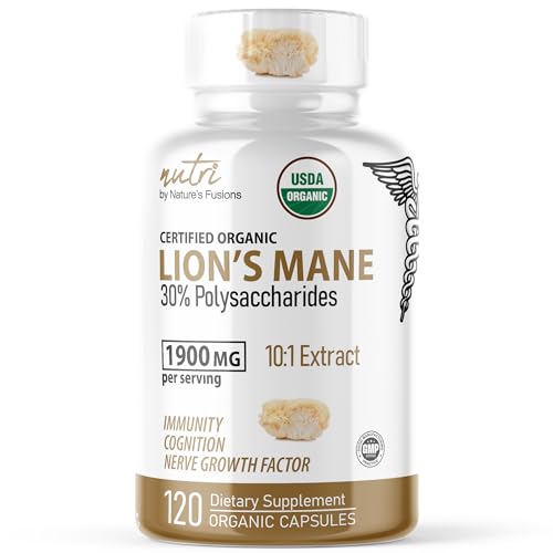Nutri Organic Lions Mane Supplement Capsules - 1900 mg, 10:1 Dual Extraction, 120 Count Nature's Fusions uk supplements