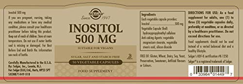 Solgar Inositol 500 mg Vegetable Capsules - Vitamin B8 - Vegan, Vegetarian, Kosher SOLGAR uk supplements