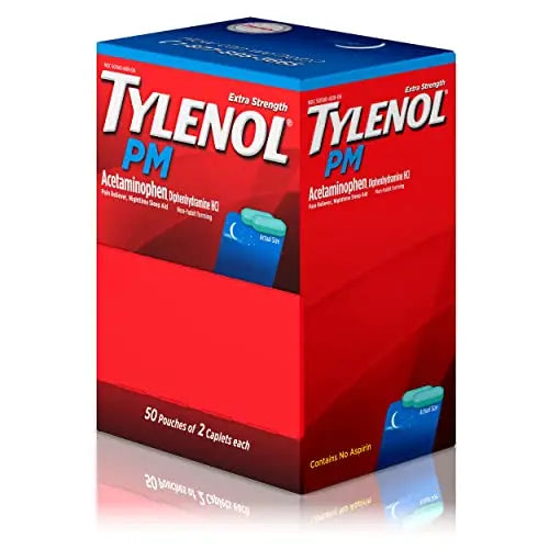 Tylenol PM Extra Strength Nighttime Pain Reliever Sleep Aid Caplets with Acetaminophen & Diphenhydramine HCl, Relief for Nighttime Aches & Pains, Travel Size, 50 Packs of 2 Caplets Tylenol uk supplements