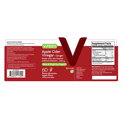 Apple Cider Vinegar Gummies 1,000mg Plus Ginger, ACV with The Mother, Detox Cleanse Viteey uk supplements