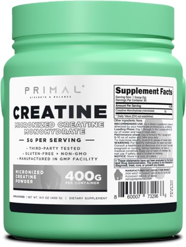Primal Creatine Monohydrate Powder (400 Grams) | Unflavored Micronized Creatine Primal uk supplements