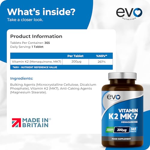 EVO NUTRITION Vitamin K2 MK-7 200mcg | 365 Vegetarian and Vegan Tablets EVO NUTRITION uk supplements