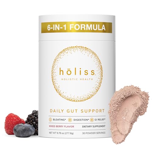 HOLISS Daily Gut Health Kit – 6-in-1 All Natural Supplement, Bloat & Gas Aid, GI Lining Repair, IBS Support – Lemon Balm, L-Glutamine, PepZinGI, Mixed Berry, 30 Servings, Electric Mixer & Spoon HOLISS uk supplements