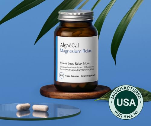 AlgaeCal Magnesium Relax™ - Chelated Magnesium with Ashwagandha for Sleep & Occasional Anxiety - Glycinate, Malate, Citrate - Sleep, Mood, & Cortisol Support (60 Caps - 1 Month Supply) ALGAECAL uk supplements