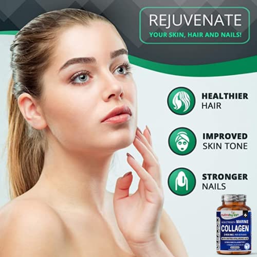 High Strength Marine Collagen 2400mg with Hyaluronic Acid 100mg, Biotin, Vitamin C, D3, B12 and Silica NUTRABYTES uk supplements