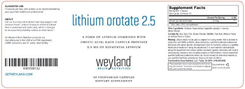 Lithium Orotate 2.5mg (1 Bottle), 60 Vegetarian Capsules, Lithium Supple Weyland Brain Nutrition uk supplements
