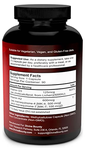 Vitamin K2 (MK7 & MK4) with D3 Supplement - Vitamin K & D as MK-7 100mcg, MK-4 500mcg Divine Bounty uk supplements