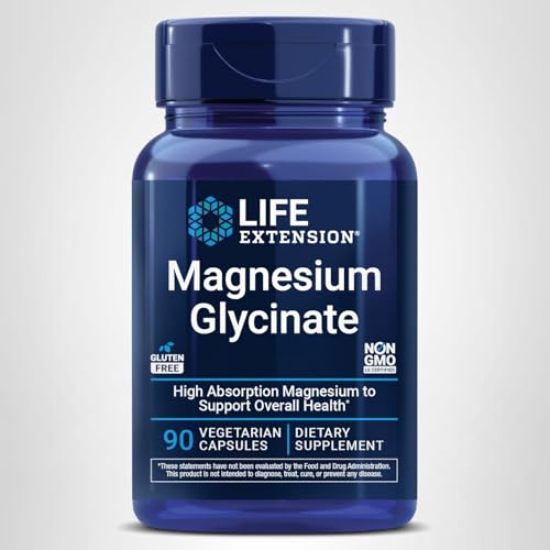 Life Extension Magnesium Glycinate, Heart Health, Bone Health, Nerve and Muscle Support, Highly absorbable, Gluten-Free, Non-GMO, Vegetarian, 90 Capsules Life Extension uk supplements