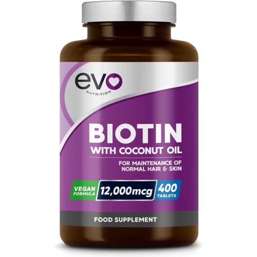 Biotin Hair Growth Supplement 12,000mcg with Coconut Oil | 400 High Strength Tablets EVO NUTRITION uk supplements
