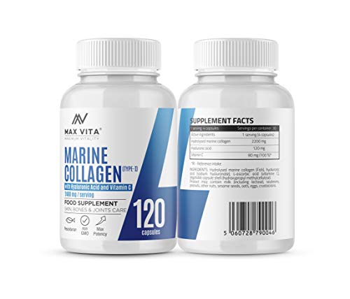 Marine Collagen Type 1 2400mg - 120 Capsules Supplement with Hyaluronic Acid and Vitamin C MAX VITA MAXIMUM VITALITY uk supplements