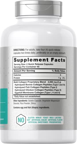 Multi Collagen Protein 2000 mg | 180 Capsules | Type I, II, III, V, X | Collagen Peptide Pills Horbäach uk supplements