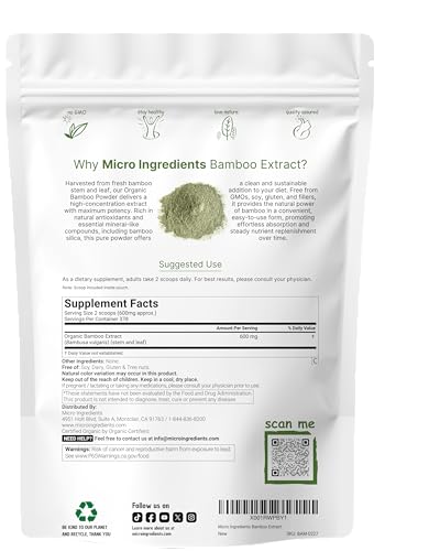 Micro Ingredients Organic Bamboo Extract Powder, 8oz (378 Servings) | Bamboo Plant Silica & Mineral Supplements | Natural Stem & Leaf Extract | Non-GMO, Gluten Free, Vegan Friendly Micro Ingredients uk supplements